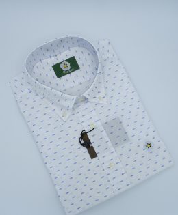 Camisa de Lino Blanca con Microestampado de Peces Azules