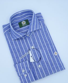 Camisa de Lino a Rayas Azul Cobalto